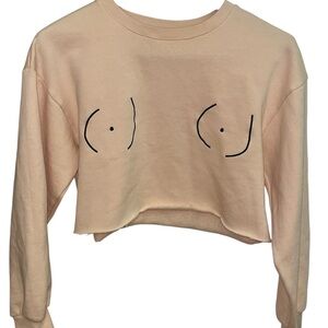 Trendy Beige Graphic Crop Sweatshirt